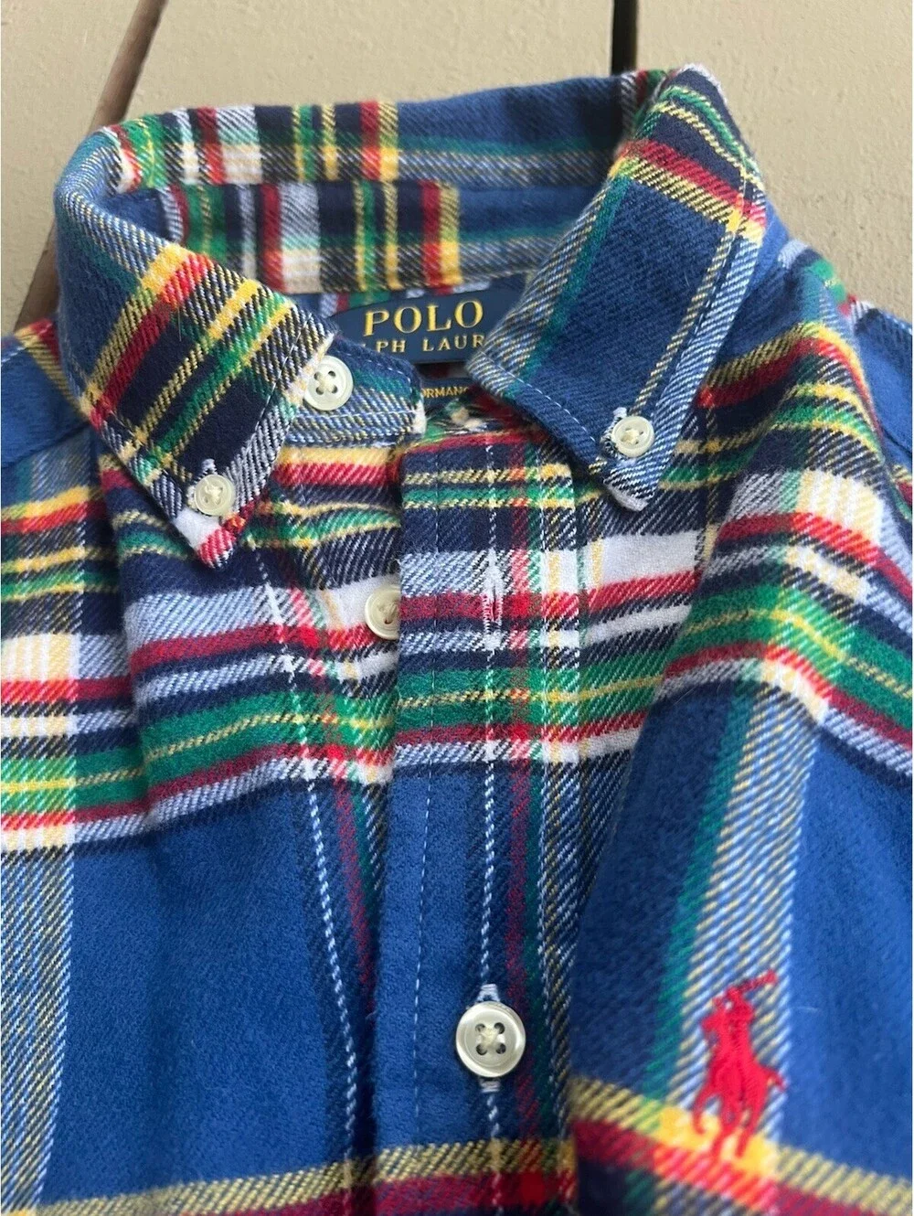 Polo Ralph Lauren Flannel Shirt Boys 10-12 Blue Plaid Long Sleeve